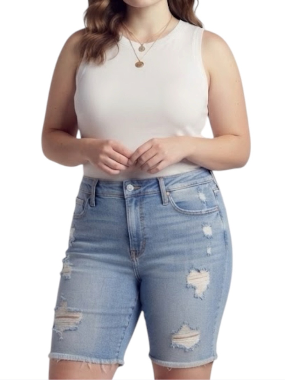 TORRID 8" Sky High Skinny Distressed Denim Shorts Blue Boho Festival Jean 14